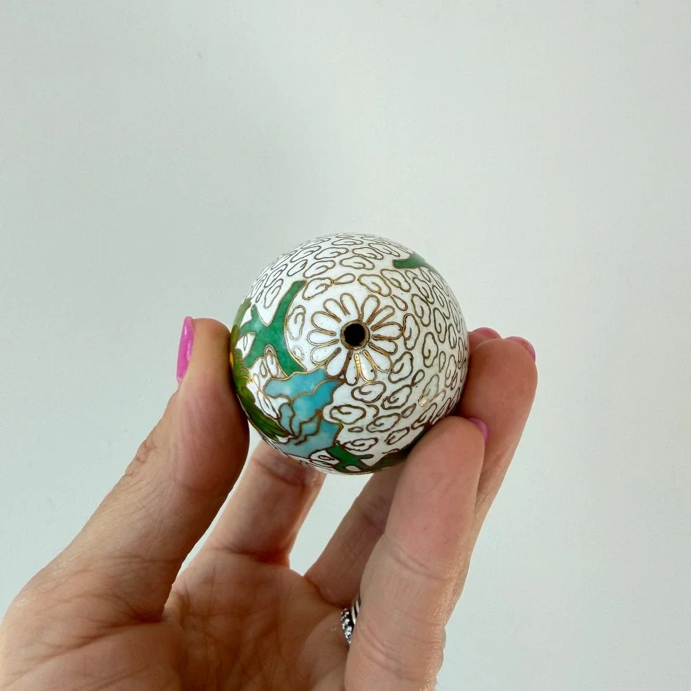 Vintage Chinese Cloisonne Enamel Egg White Floral Bird Motif 2.5 Inch Decor